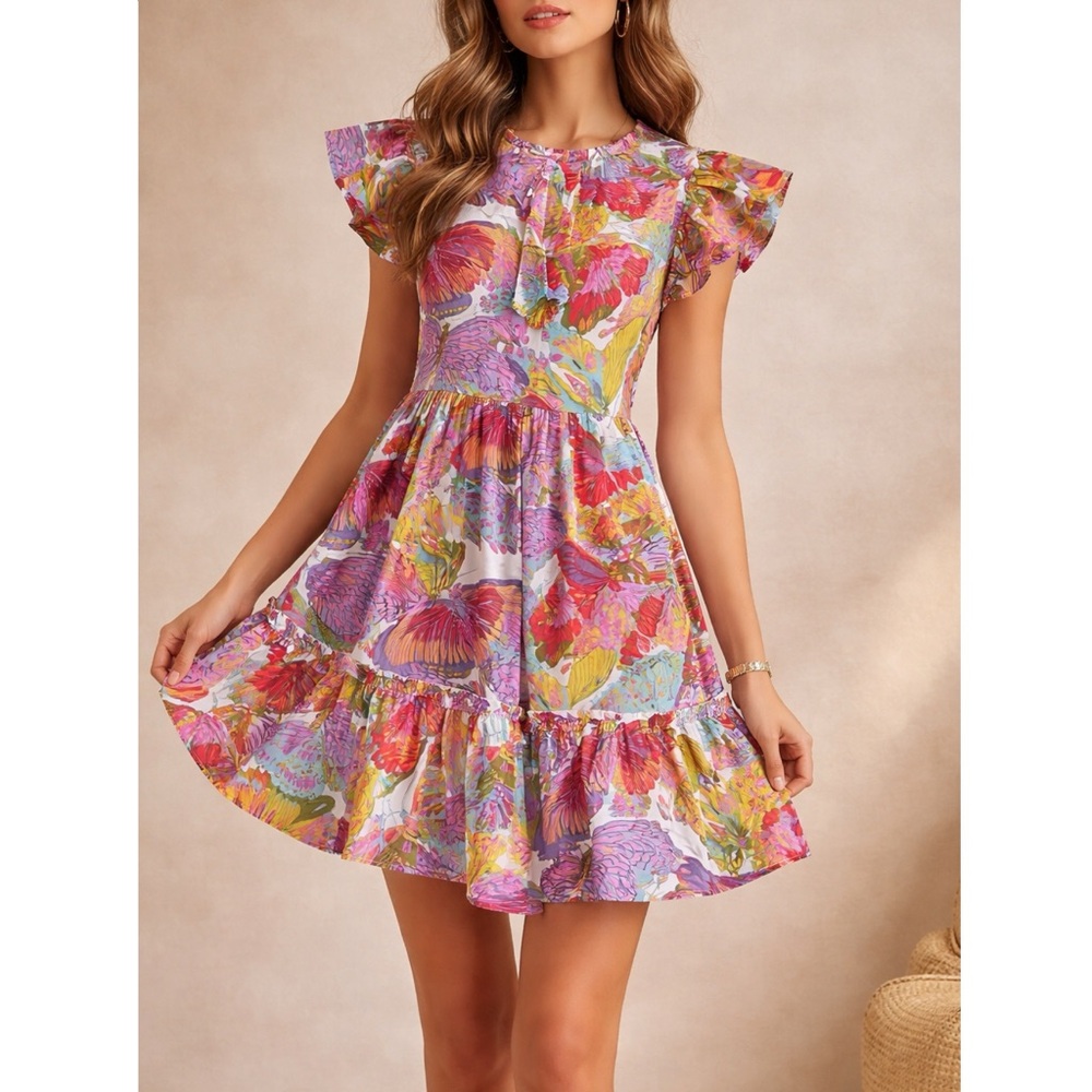 Caroline Constas Papillon Butterfly Print Cotton Tiered Mini Dress Resort Medium